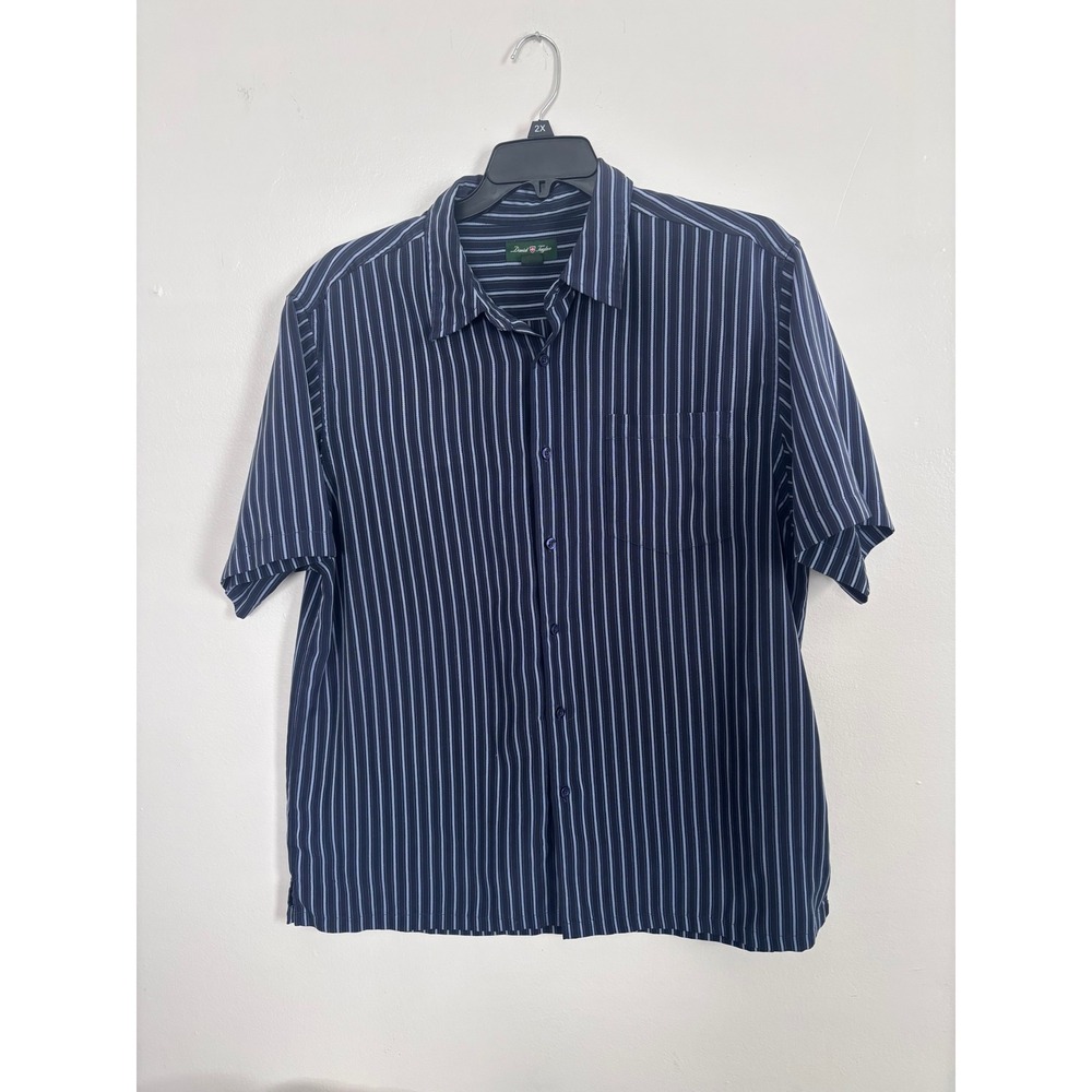 David Taylor Collection Mens XL Blue White Pinstripe SS Button Down Polyester
